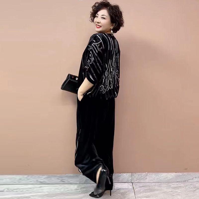 2pcs Pants Suit Women's Embroidery Flocking Plus-size Velvet Blouse High-waist Velvet Harem Pants Two-piece Set Sprint Autumn Outfits
