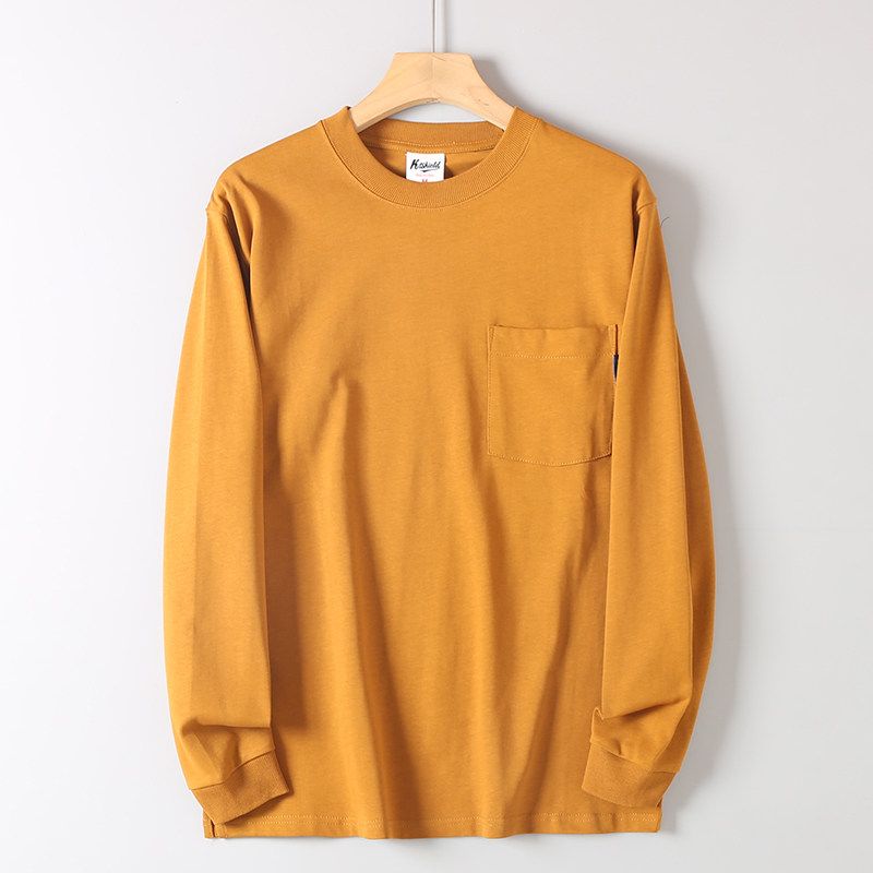 310g Heavyweight Vintage Pure Cotton Simple Pocket Design Solid Color Long-Sleeve T-Shirt for Men Casual Loose Round Neck Base Shirt