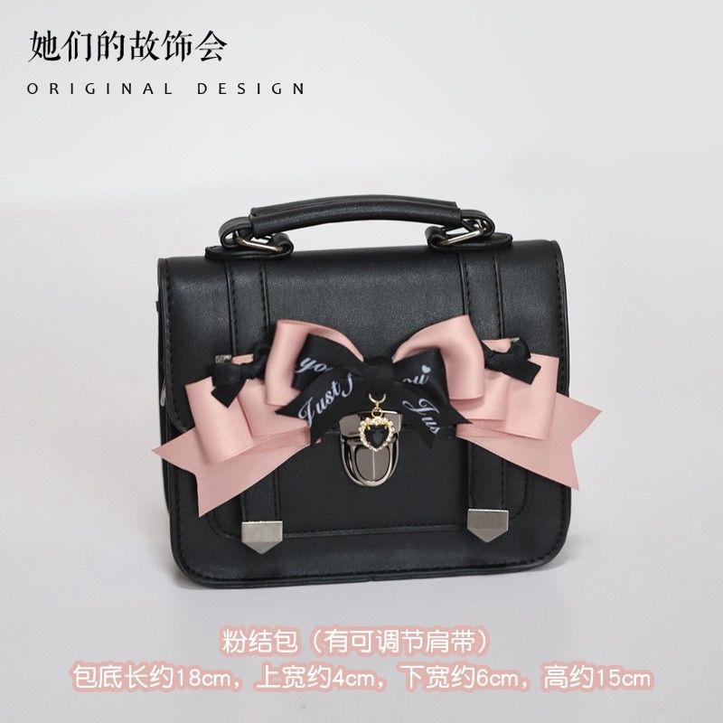 Japanese Bow Black Messenger Bag Women JK Uniform Handle Square Crossbody Bags Ladies Vintage Lolita Shoulder Bags Aesthetic