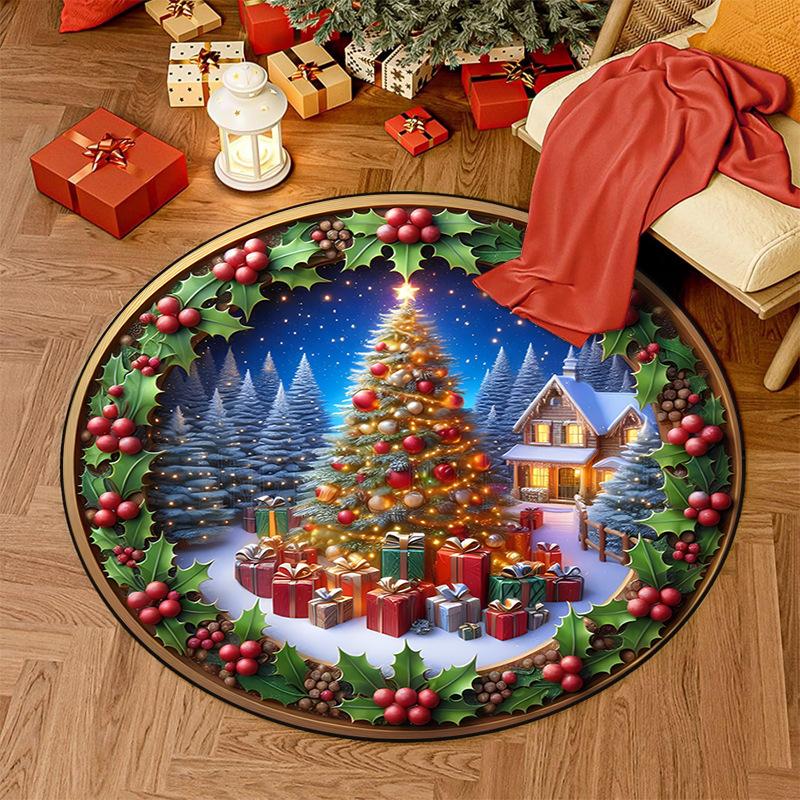 Christmas Nursery Rug Pink Snowman Playmat for Kids Room Santa Claus Toddler Round Carpet Gingerbread Man Non Slip Circle Rug