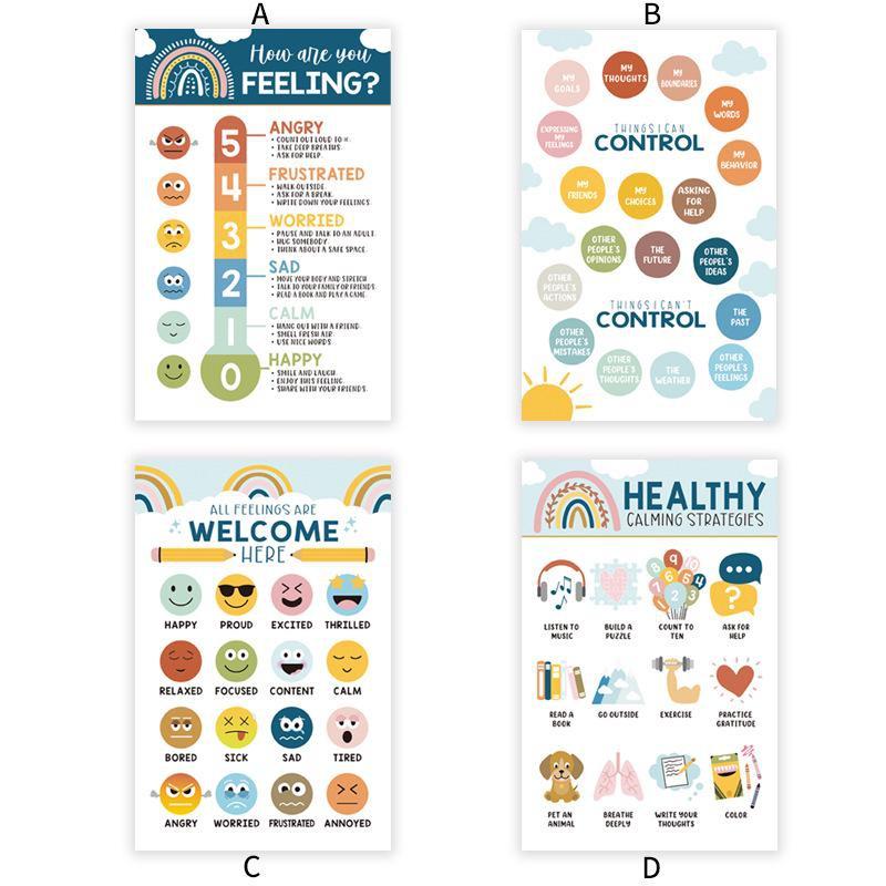 set of 4 Boho Feelings Chart Learning Posters for School Educational Wall Decal Classroom Decoration Periodic Emotions Wall Sticker