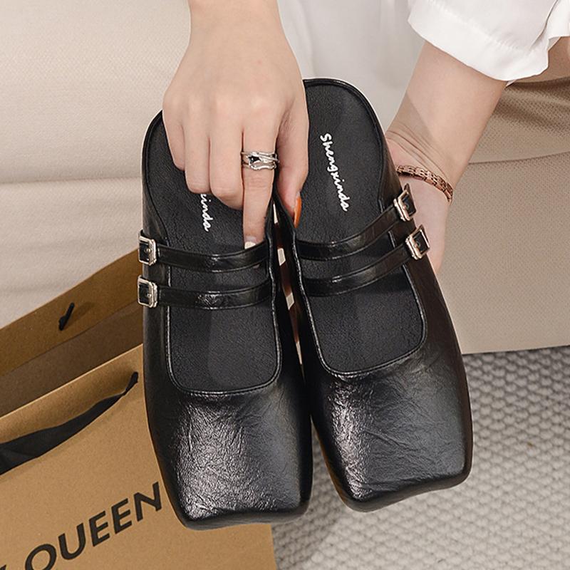 Fashion  Designer Double Band Women Slippers Square Toe Leather Slides Shoes Woman Mules Outdoor Summer Sandalias Pantuflas Mujer