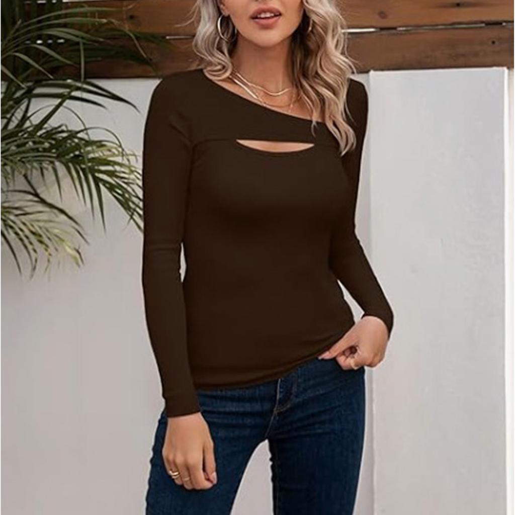 Women's Fashion Solid Color Long Sleeved Sexy Slim Fit T-shirt Hollow Top Bottom
