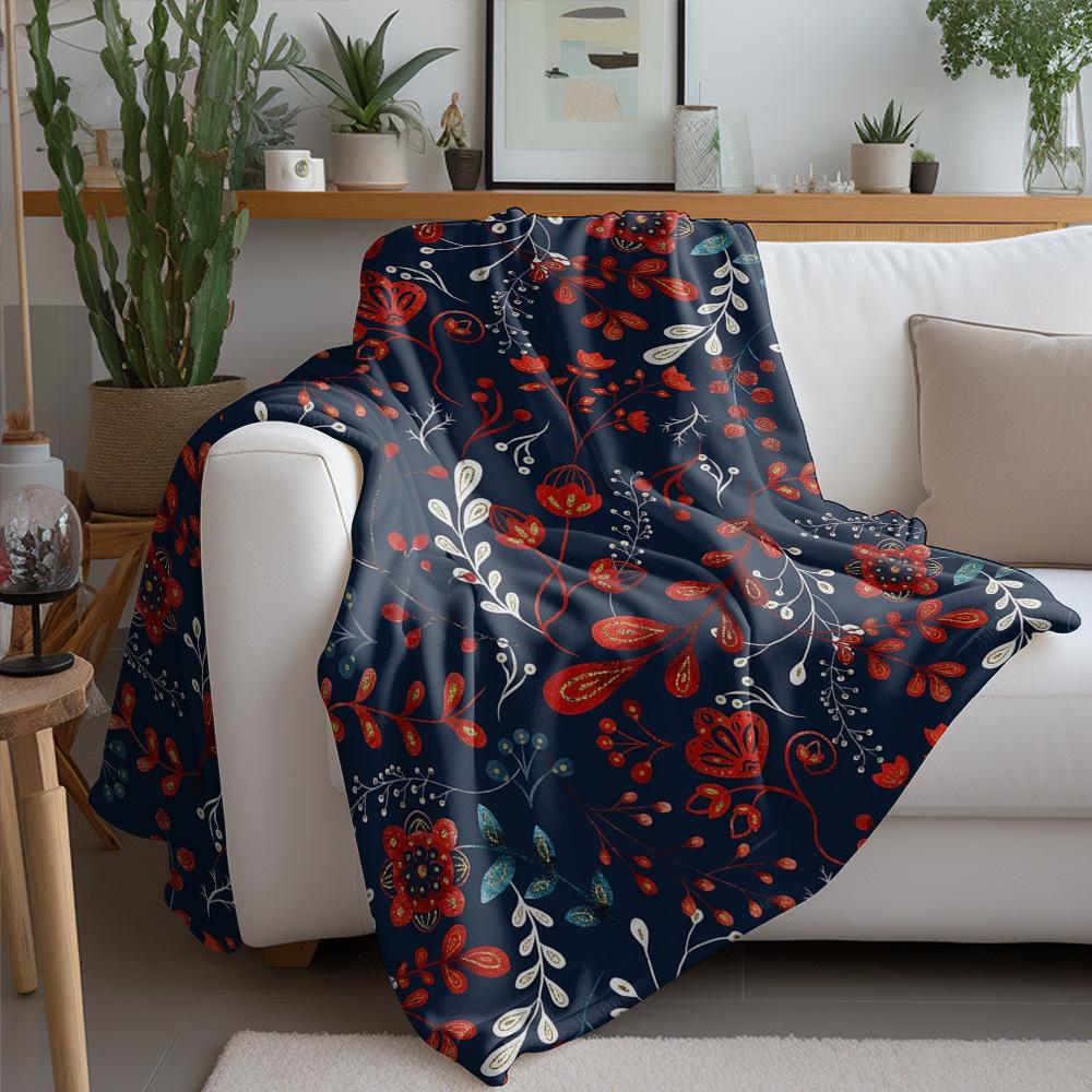 Dark Floral Print Fleece Blanket Soft Warm Throw Blanket For Sofa Bed Decorative Gift