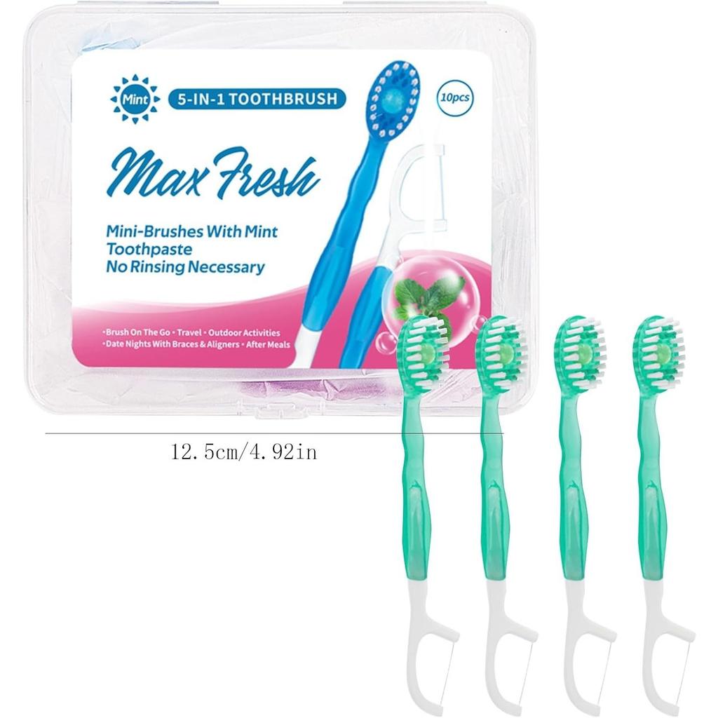 10PCS Mini 5 in 1 Toothbrush & Floss Travel Toothbrushes with Toothpaste Set with Floss+Pick Multifunctional Floss