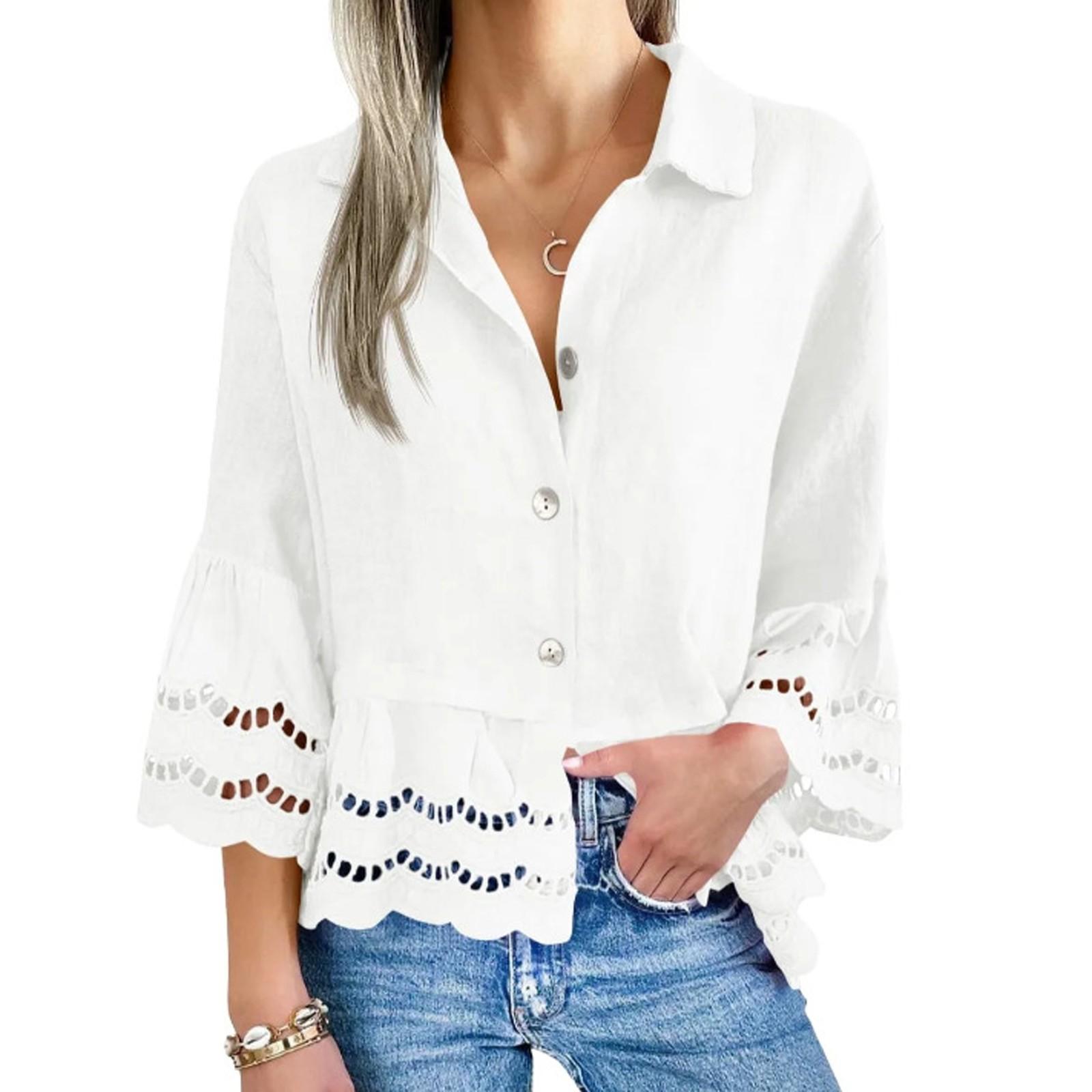 

Женская модная и повседневная однотонная кружевная рубашка с расклешенными рукавами и ажурным кружевом XL белый