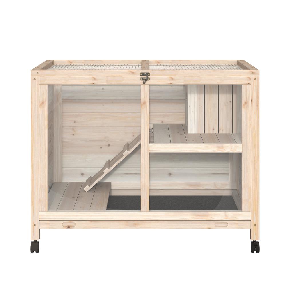 Small Animal Hutch with 2 Levels, 4 Wheels, Sealed Fir Wood, Natural