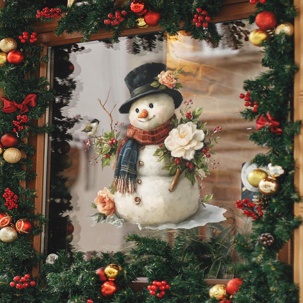 Bemalter Weihnachts-Schneemann Blumen Früchte Vögel Festliche Heimdekoration Wandaufkleber