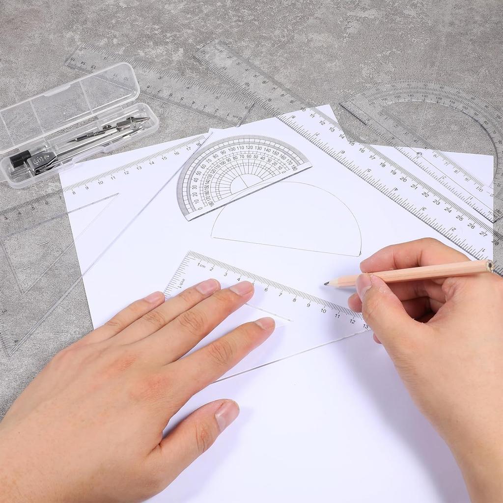 7PCS Geometry Math Set Plastic Clear 45/60 Degree Triangle Ruler 12 and 6 Inch Math Ruler 4 and 6 Inch Protractor and Compass Set with Box Measuring