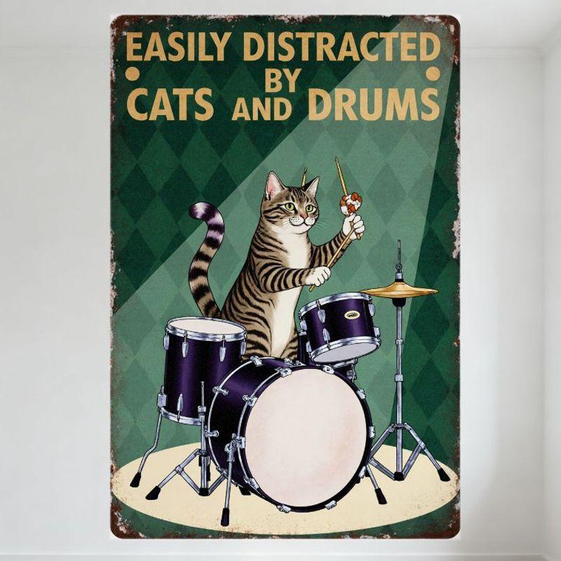 Vintage Distracted by Cats and Drums Metal Sign, Tabby Cat Playing Purple Drum Set, Rustic Wall Decor for Home Bar Pub Cafe, 8x1