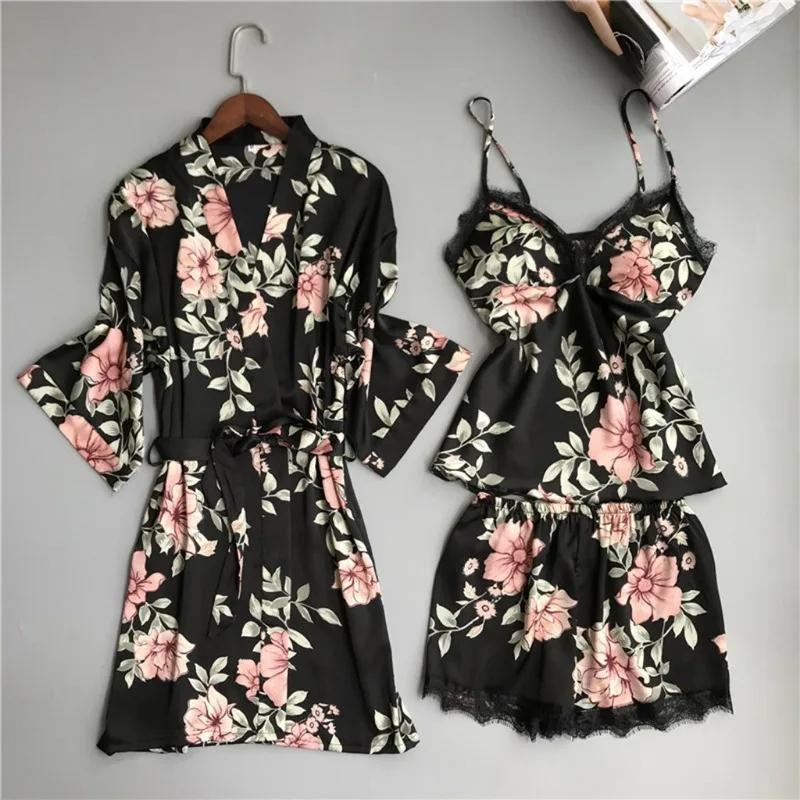 3 stk/sett Camisole Shorts Pyjamas Mesh Erotisk dameundertøy Printed Top Shorts College Homewear Dame Sovebadekåpe