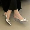 Pesstwei Glitter Design Square Button Diamonds Pumps Woman Sandals Elegant Sexy Thin Heels Pointed Toe Prom Slingbacks Shoes