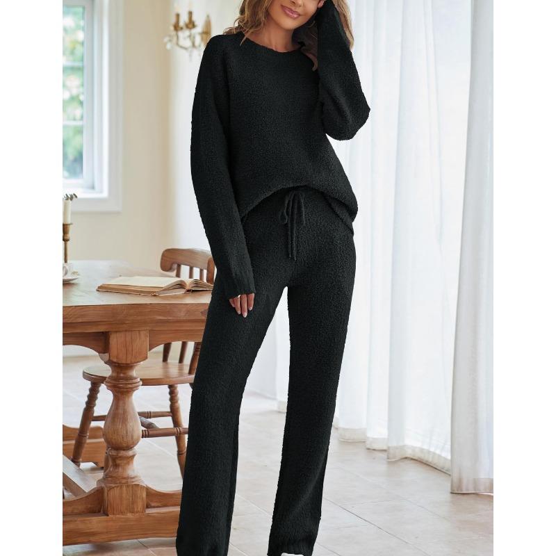 Women's Solid Color Round Neck Long Sleeve Trousers Thick Warm Suit