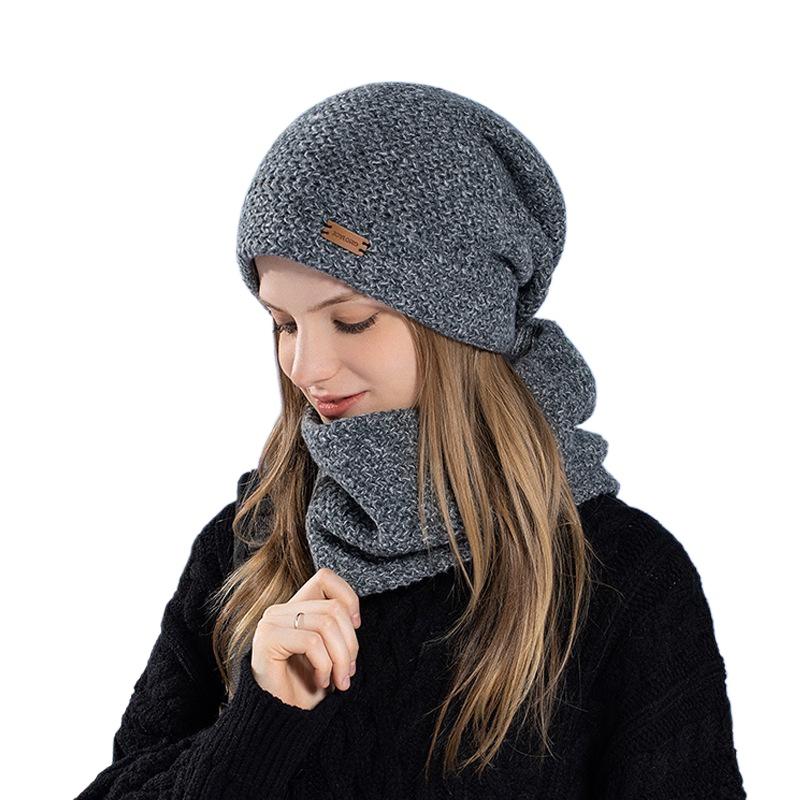 Women's Knitted Hat Winter European and American Warm Hat Scarf Set Fleece Ear Protector Pullover Wool Hat