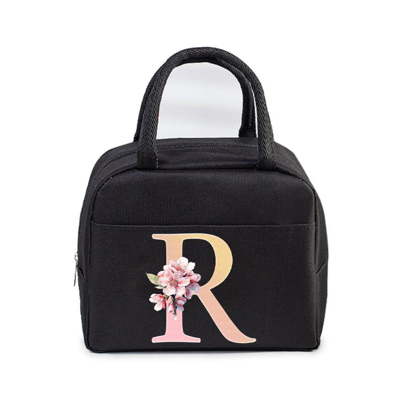 Cherry Blossom Letter N-Z Print Women Men Lunch Bag Fashion Alphabet Portable Insulated Bag School Multifunctional Bento Handbag