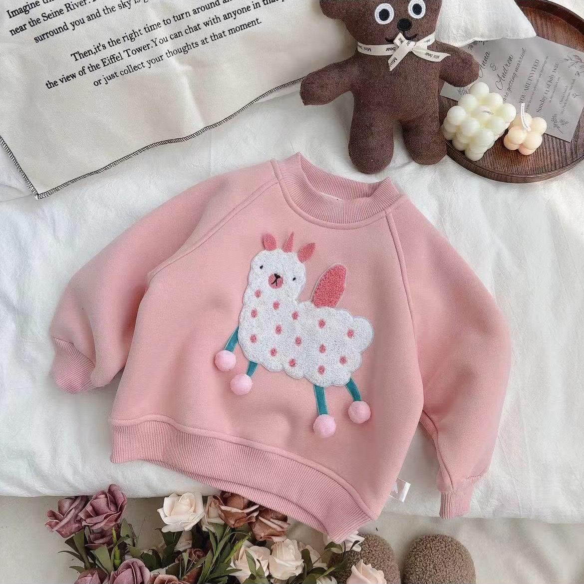 

Кремовый зимний новый корейский стиль с рисунком из мультяшного флиса с подкладкой из утолщенного круглого выреза с длинным рукавом зимняя теплая толстовка для девочек и детей 110cm розовый