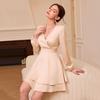 European and American Women's Clothing Temperament Elegant Style Satin Dress Spring and Summer V-neck Lantern Sleeve Slim Skirt