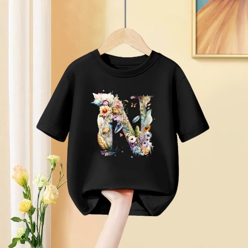 A B C D Kombinationsschrift Mädchen T-Shirt Blumendruck Lässige Oberteile Benutzerdefinierter Name Buchstabe Kinder Schwarzes T-Shirt