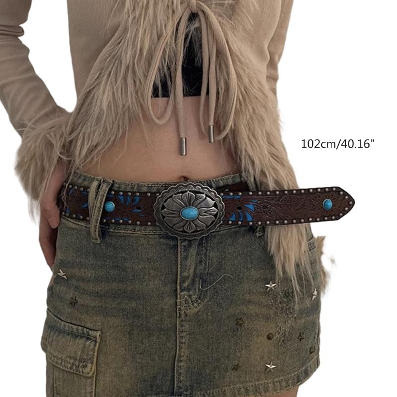 Vintage Bohemia Belt for Women Turquoise Embossed Buckle Decorative Belt Cowboy Belt for Female Cowgirl Jeans Waist Belt