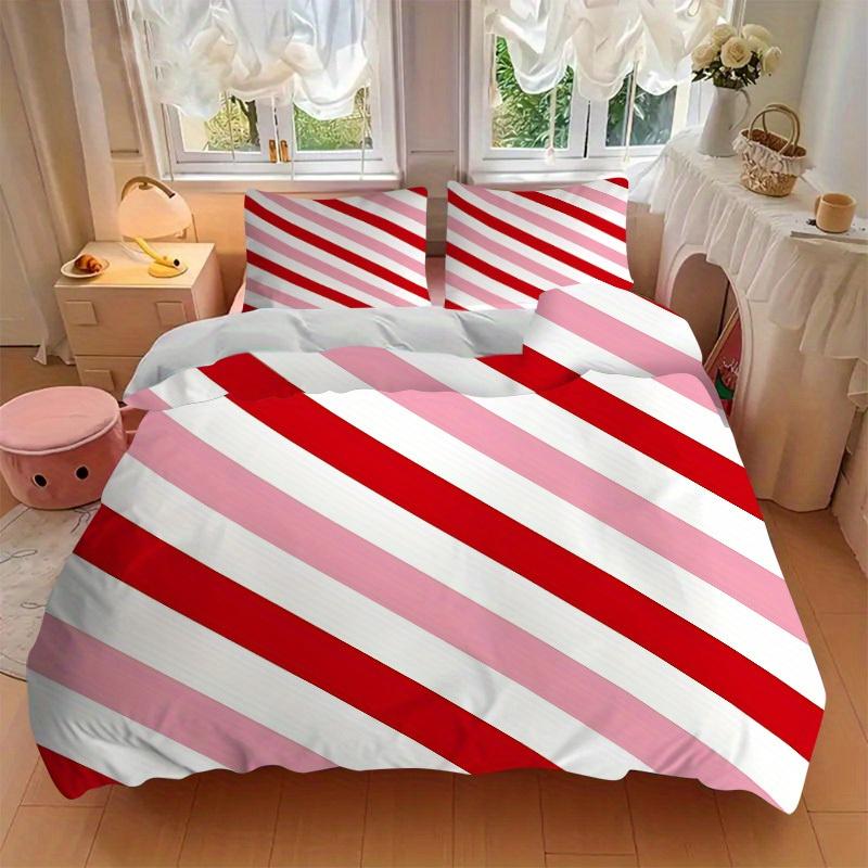 3Pcs Pink Stripes Printed Bedding Set, Breathable And Soft, Machine Washable, Christmas Gift, Suitable for Bedroom Decoration, 15150