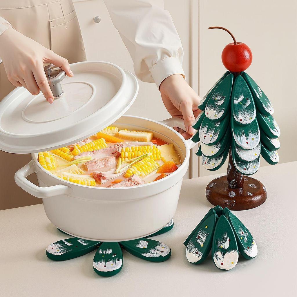 Conjunto de Base Isolada para Panela e Porta-Copos Dobrável de Madeira Maciça em Formato de Árvore de Natal