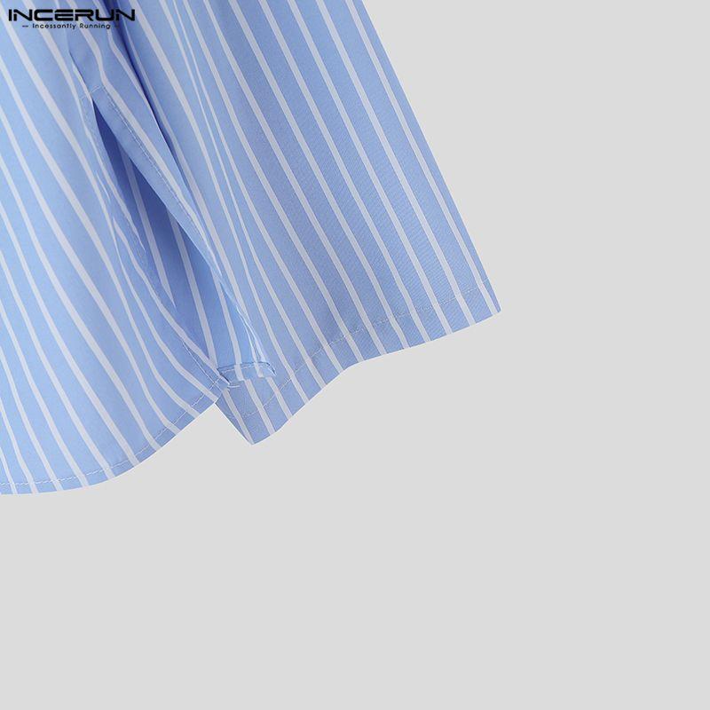 INCERUN Men Wrap Neck Long Sleeve Button Up Striped Print Casual Shirts