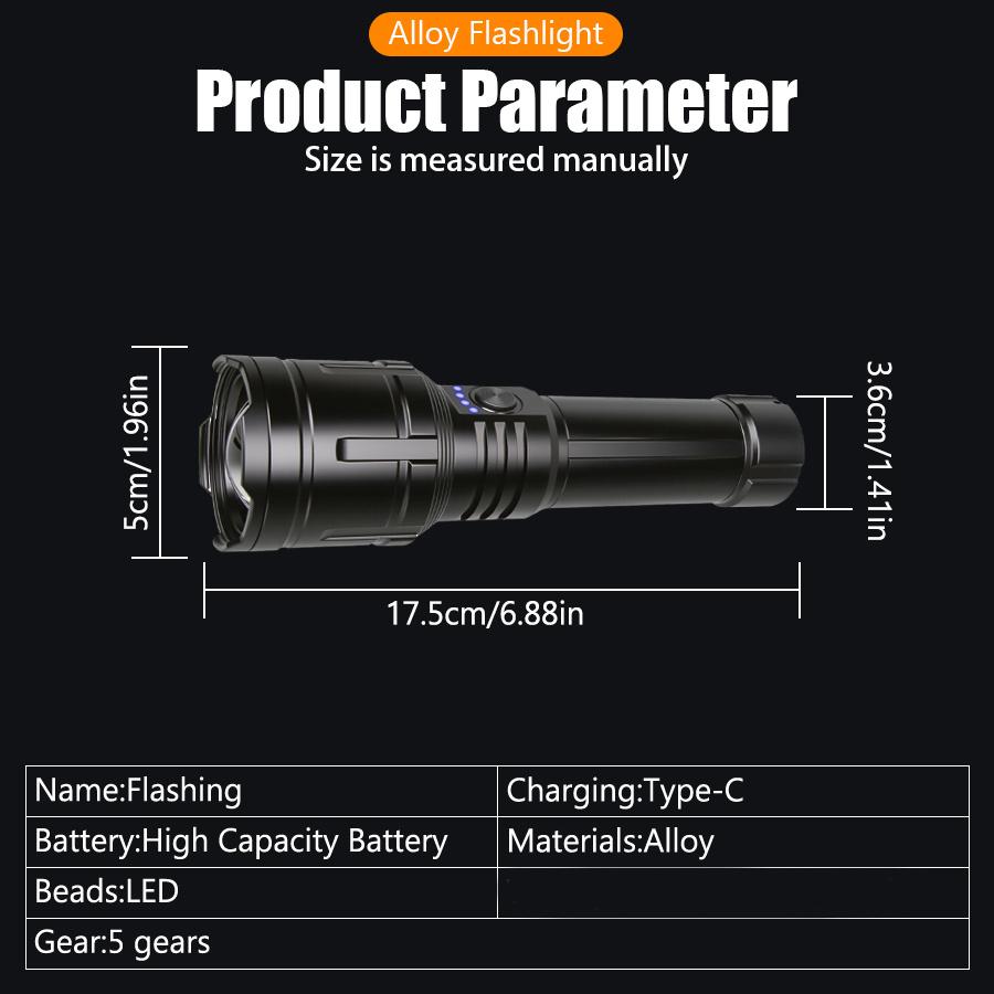 Ultra bright LED alloy flashlight with ultra-high wick illumination and rechargeable searchlight for camping emergency lighting, battery free