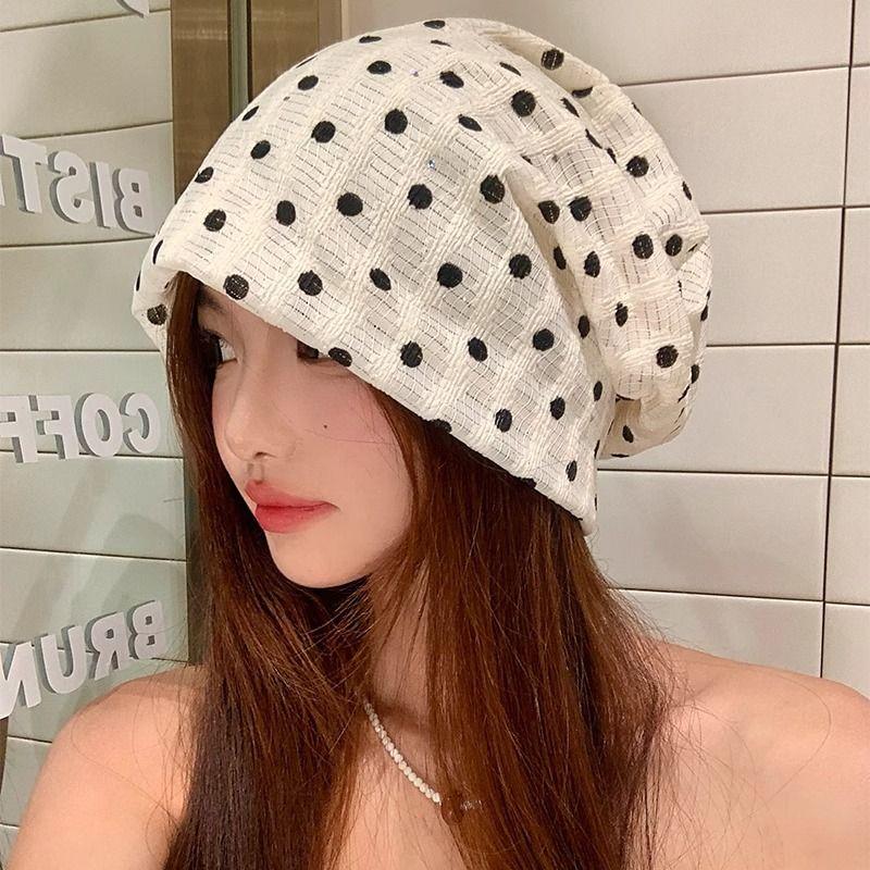 

Style Polka Dot Pile Heap Cap Sub 2025 New Arrival Thin Breathable Face-Looking Small Bag Cap Easiest for Match Big Head Circumference Cold Hat White