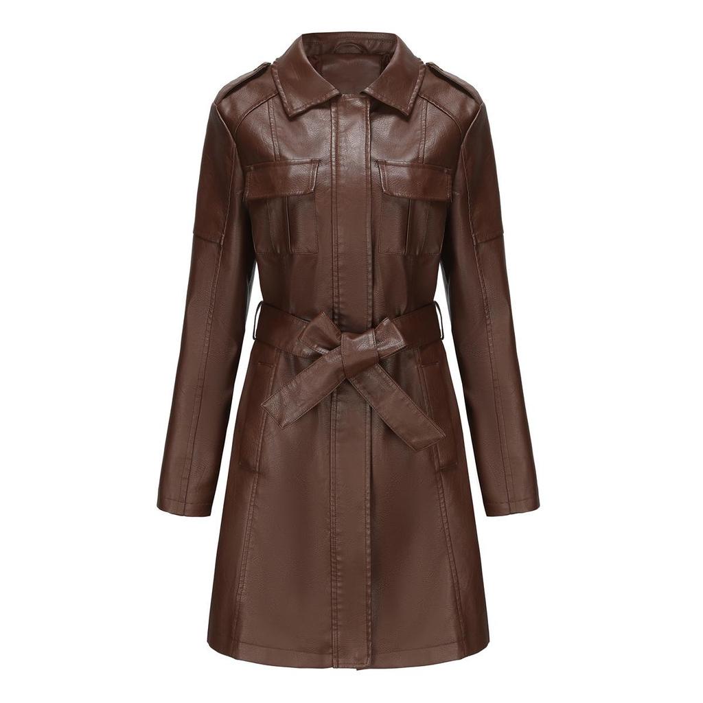 2023 European & American Mid-Length Belted Leather Trench Coat, Long Sleeve, British Style Outerwear for Women