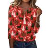 Women's Casual Christmas Print V-Neck T-Shirt with Three-Quarter Sleeves and Button