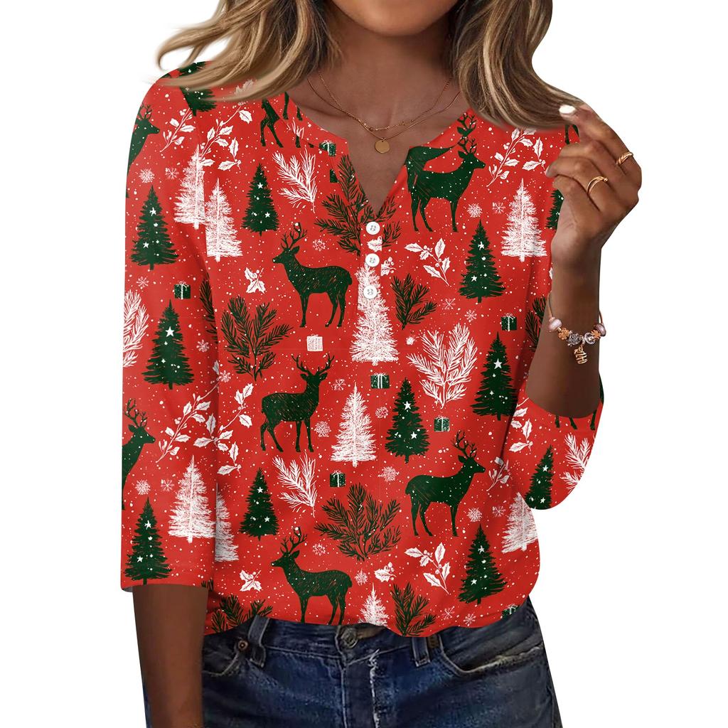 Women's Casual Christmas Print V-Neck T-Shirt with Three-Quarter Sleeves and Button