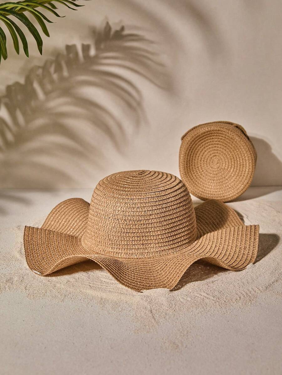 My Extreme Outdoor Activities Women's Khaki Large Wavy Brim Straw Hat Boho Beach Vacation Summer Sun Hat Cm