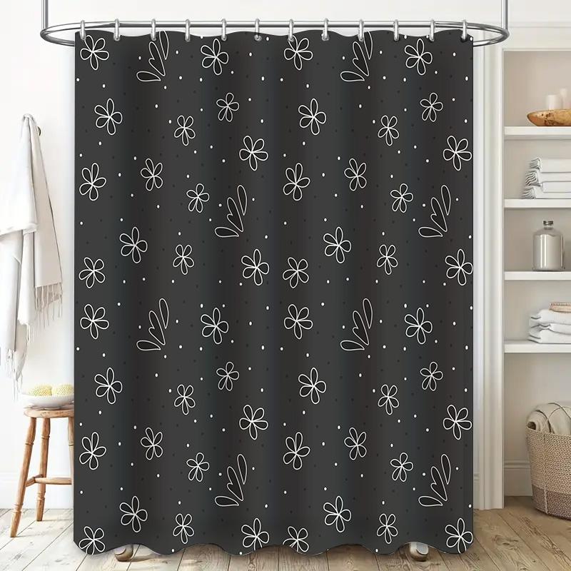 Floral Print Shower Curtain Waterproof Home Decor Bathroom Decoration Black with White Flowers Black/White