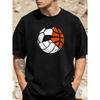 European Sizes Classic Round Neck Black T- Shirt with Basketball Football Fusion Print, 2D Pattern T- Shirt Men's Printed T- Shirt