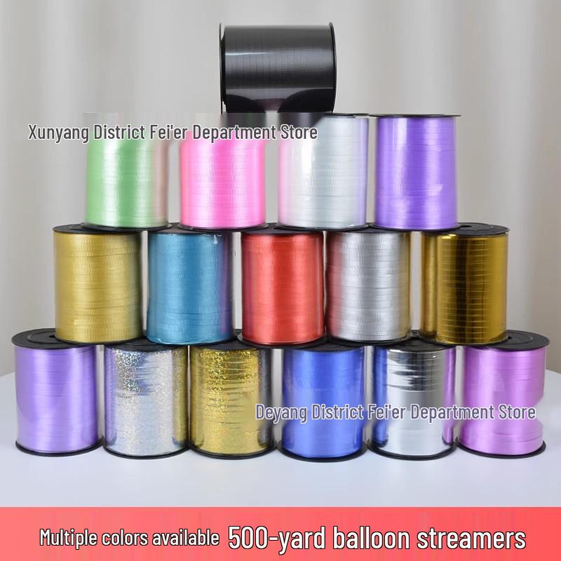 Balloon Accessories: 500-Yard Embossed Colored Ribbon, Metallic Balloon String, and Tying String.