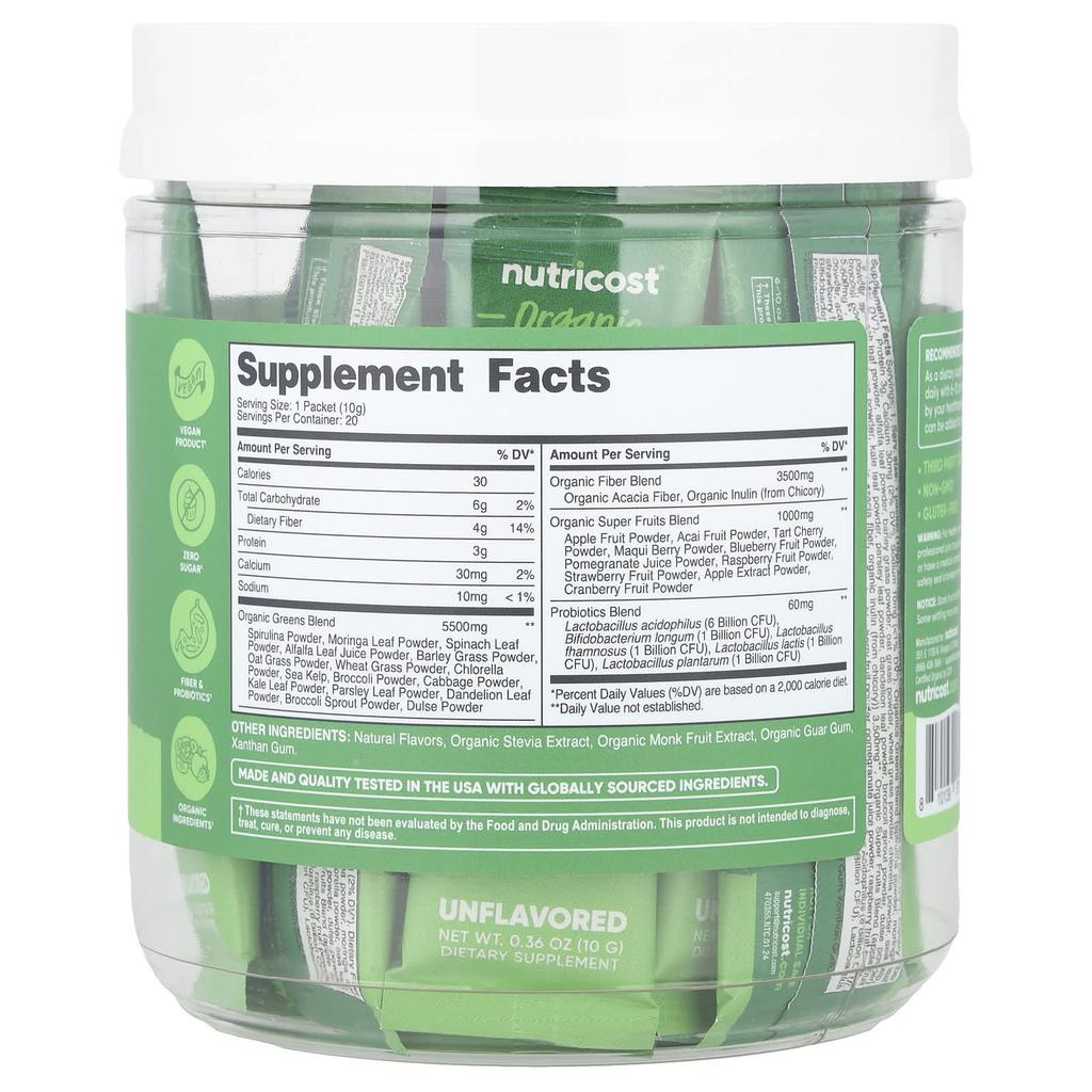 Nutricost, Organic Super Greens, Unflavored, 20 Stick Packs, 10 g (0.36 oz) Each