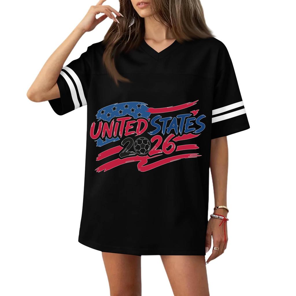 Women’s Casual V Neck Short Sleeve Soccer Jersey Top with States Flag and 2026 Football Graphic Print for Sports and Wear