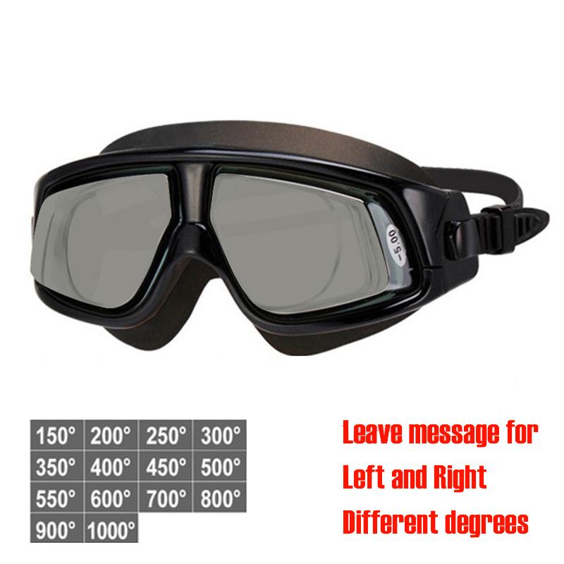 -1.5 To -10.0 Myopia Swim Eyewear Silicone Large Frame Anti Fog Swimming Goggles Custom Different Degree For Left Right Eyes