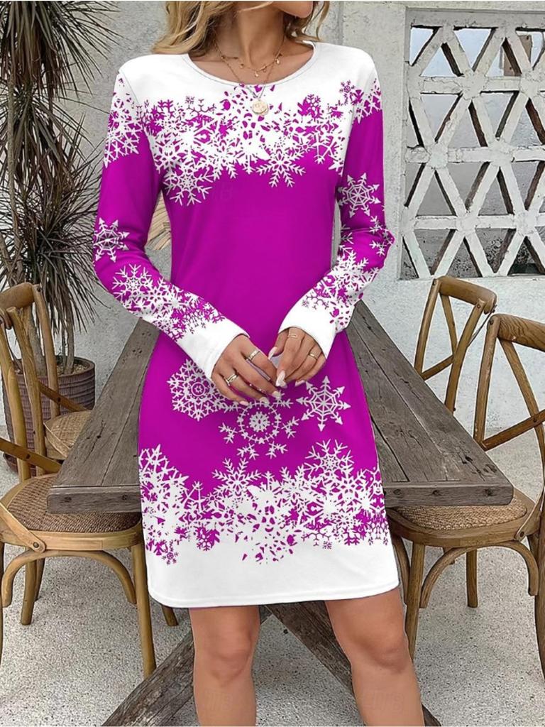 2025 Herfst en Winter Nieuw 3D Sneeuwvlok Print en Kleuring Damesmode Lange Mouwen Ronde Hals Heupomwikkelend Jurk Valentijnsdag Limited