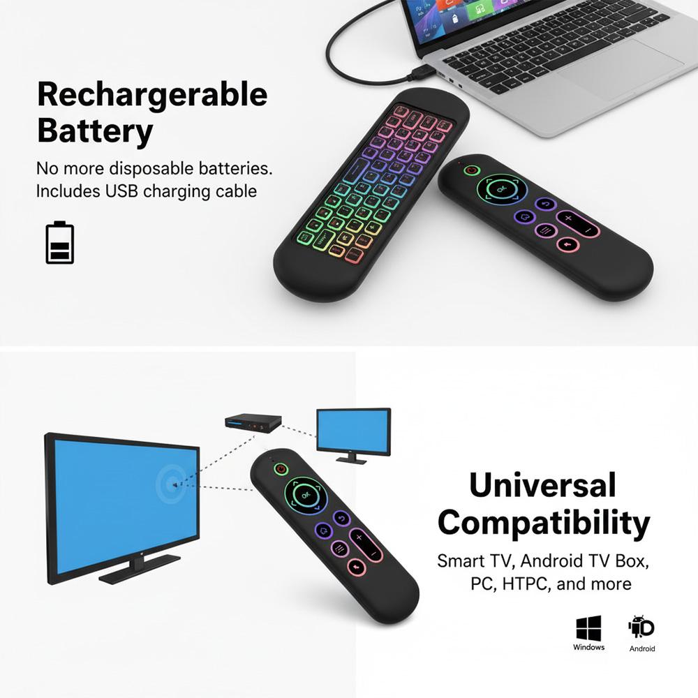 MRSVI Air Mouse Fernbedienung M5 Kabellos 2.4G & Bluetooth Mit 7 Farben Hintergrundbeleuchtung Gyroskop Tastatur für Smart Android TV Box, PC