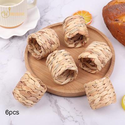 6Pcs Rural Style Napkin Rings Natural Water Hyacinth Grass Hand-Woven Napkin Rings For Table Decor Napkin Holder Buckles