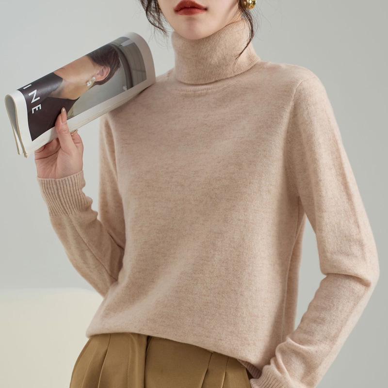 Women's Pure Wool High Neck Pullover: Warm Autumn/Winter Base Layer Long Sleeve Sweater