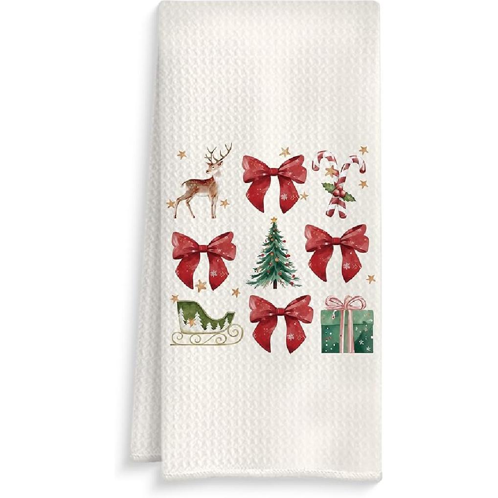 Coquette Red Bow Christmas Kitchen Towels, Reindeer Sleigh Christmas Tree Dish Tea Towels, Holiday Xmas Candy Cane Decorative Hand Towel for Bathroom Style01