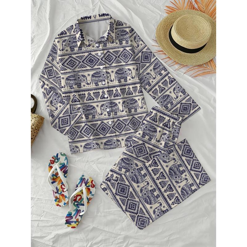 Bohemian Exotic Style Long-sleeved Trousers Suit Women's Ethnic Style Elephant Print Shirt Wide-leg Pants Two-piece Set