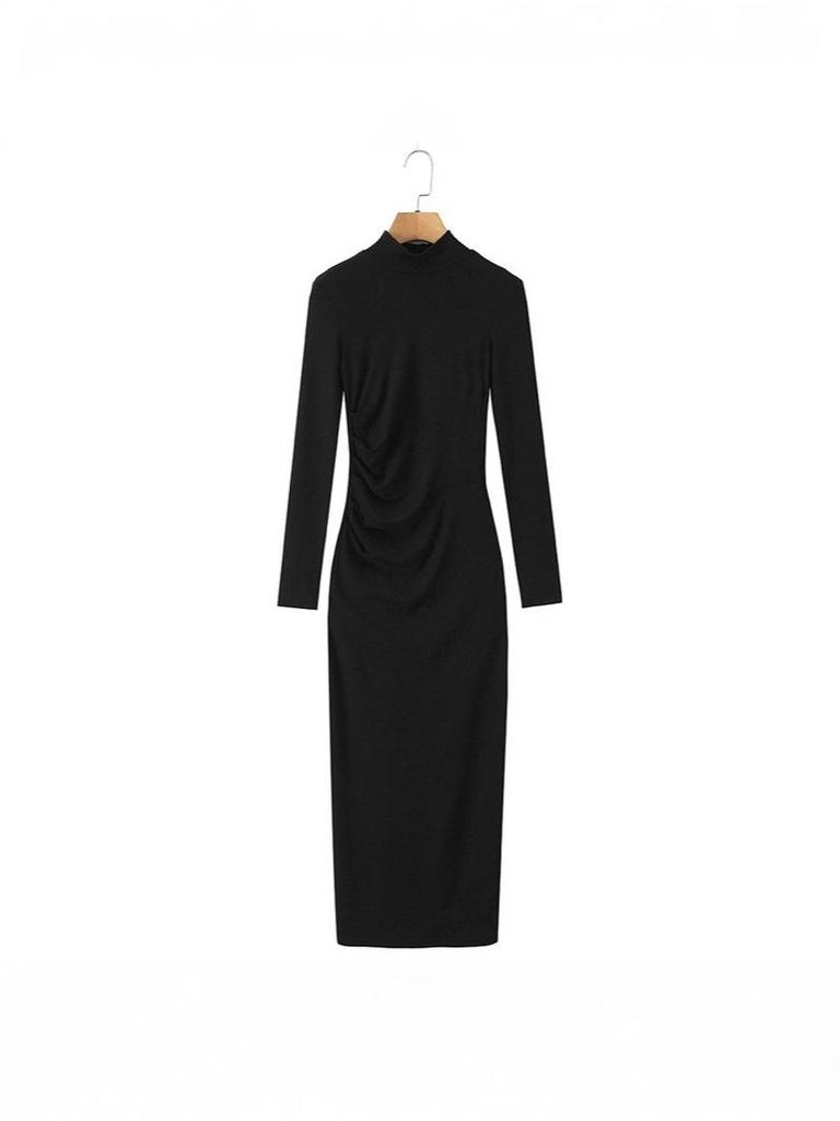 Elegant Women's High-Neck Pleated Long-Sleeve Dress: Autumn/Winter Inner Layer, Retro Yujie Style, Waist-Cinched, Hip-Hugging Long Skirt.