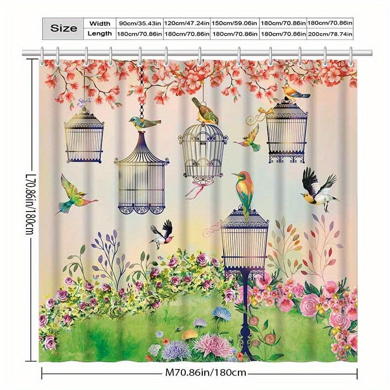 Elegant Pastoral Birdcage & Floral Shower Curtain, Machine Washable Polyester, Artistic Bathroom Decor, Vibrant Design
