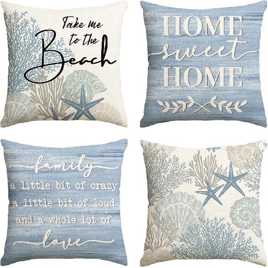 AVOIN Colorlife Summer Take Me To The Beach Coral Starfish Throw Pillow Covers, 18 X 18 Inch Home Sweet Home Motto Blue Cushion Case for Sofa Couch