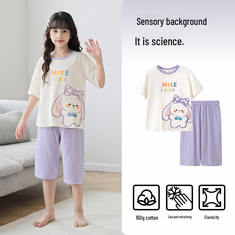 Girls' Summer Cotton Pajama Set - Short Sleeve, Lightweight, for Middle and Big Children, 2024 New Style