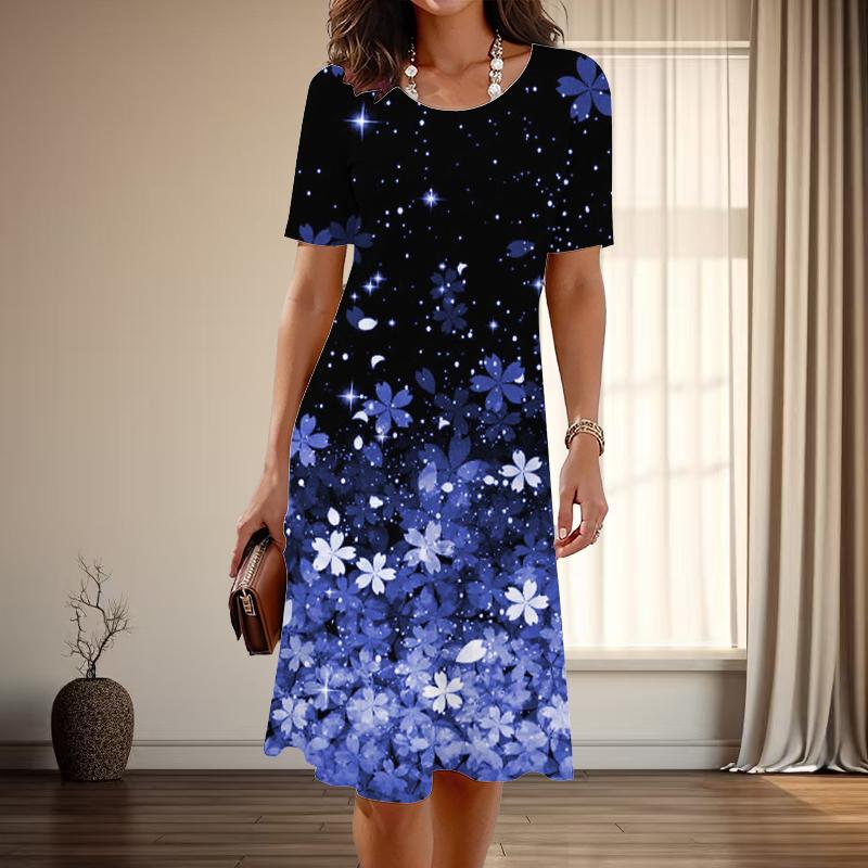 

Женская мода изящный красивый цветочный принт лето весна короткий рукав О-образный вырез повседневные платья 6XL синий