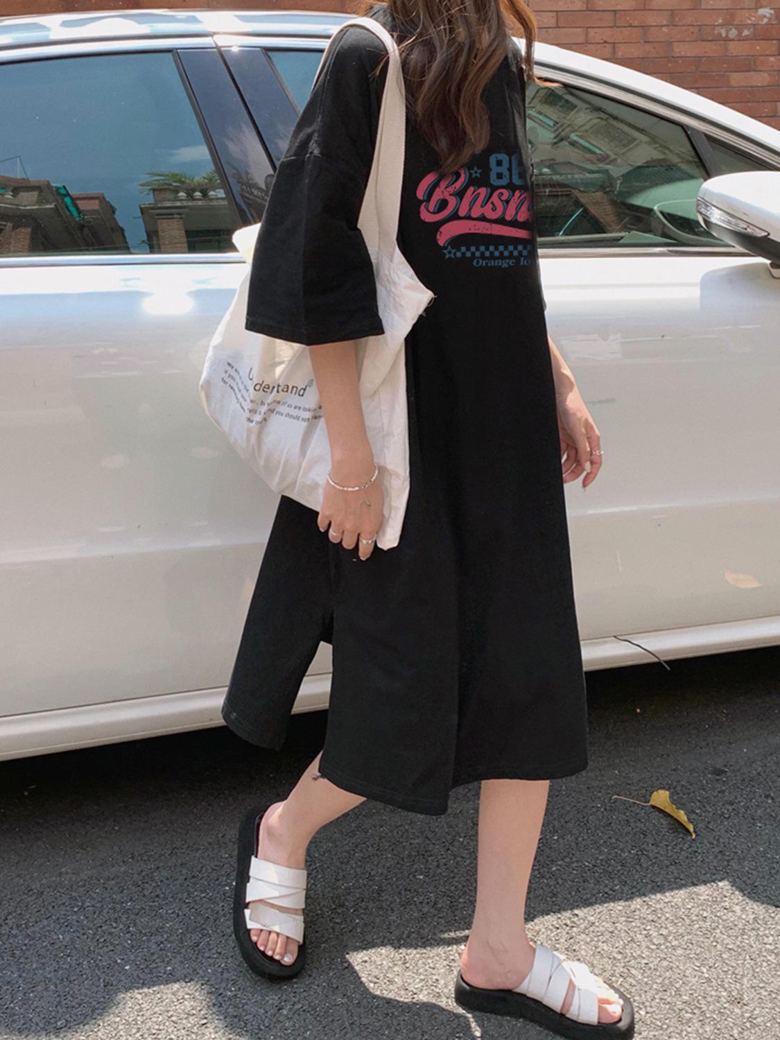 

Летнее женское платье-футболка из чистого хлопка больших размеров - Свободное, скрывающее живот, омолаживающее и стройнящее повседневное длинное платье. L